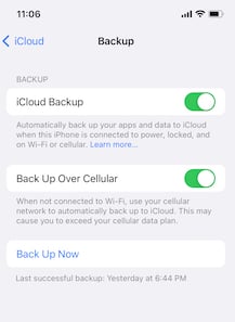 iPhone iCloud backup menu