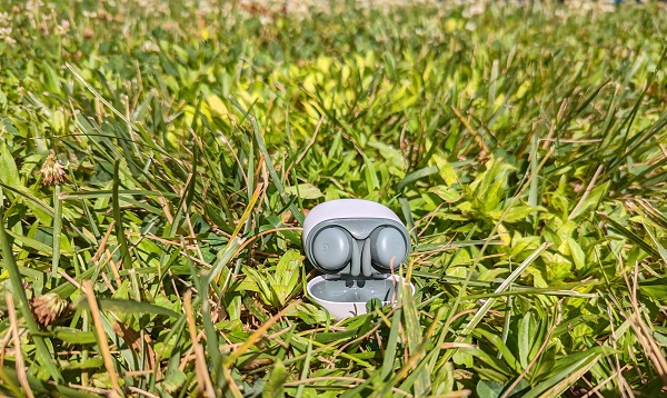 Google Pixel Buds A-Series Review - Google Pixel Buds A-Series with case open in grass