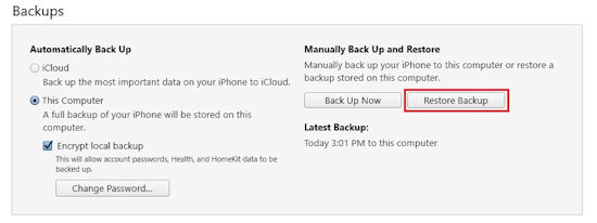 Select Restore Backup option in iTunes