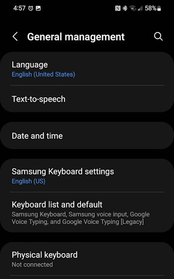 Samsung Galaxy general management menu options
