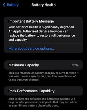 Battery Health settings on an iPhone