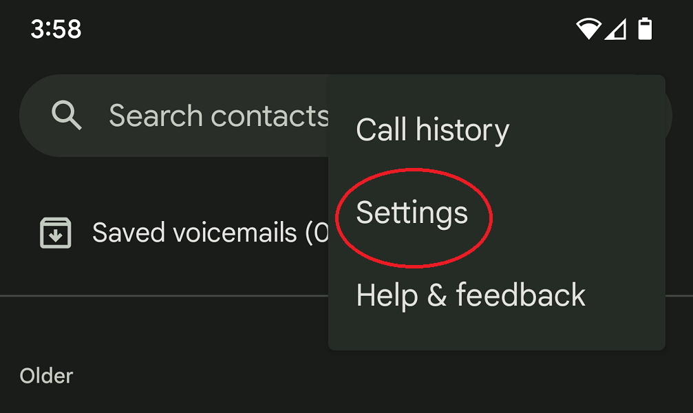 Android settings with three-button menu drop down