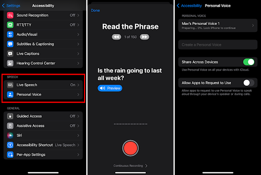 The set up for Personal Voice is found in the Settings app and involves reading 150 prompts. 