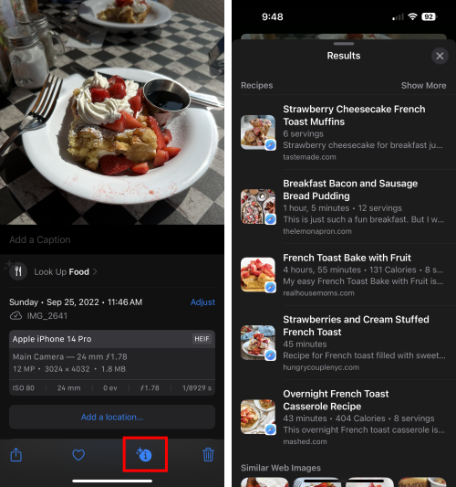 Visual lookup of strawberry cream cheese french toast from the Photos app.