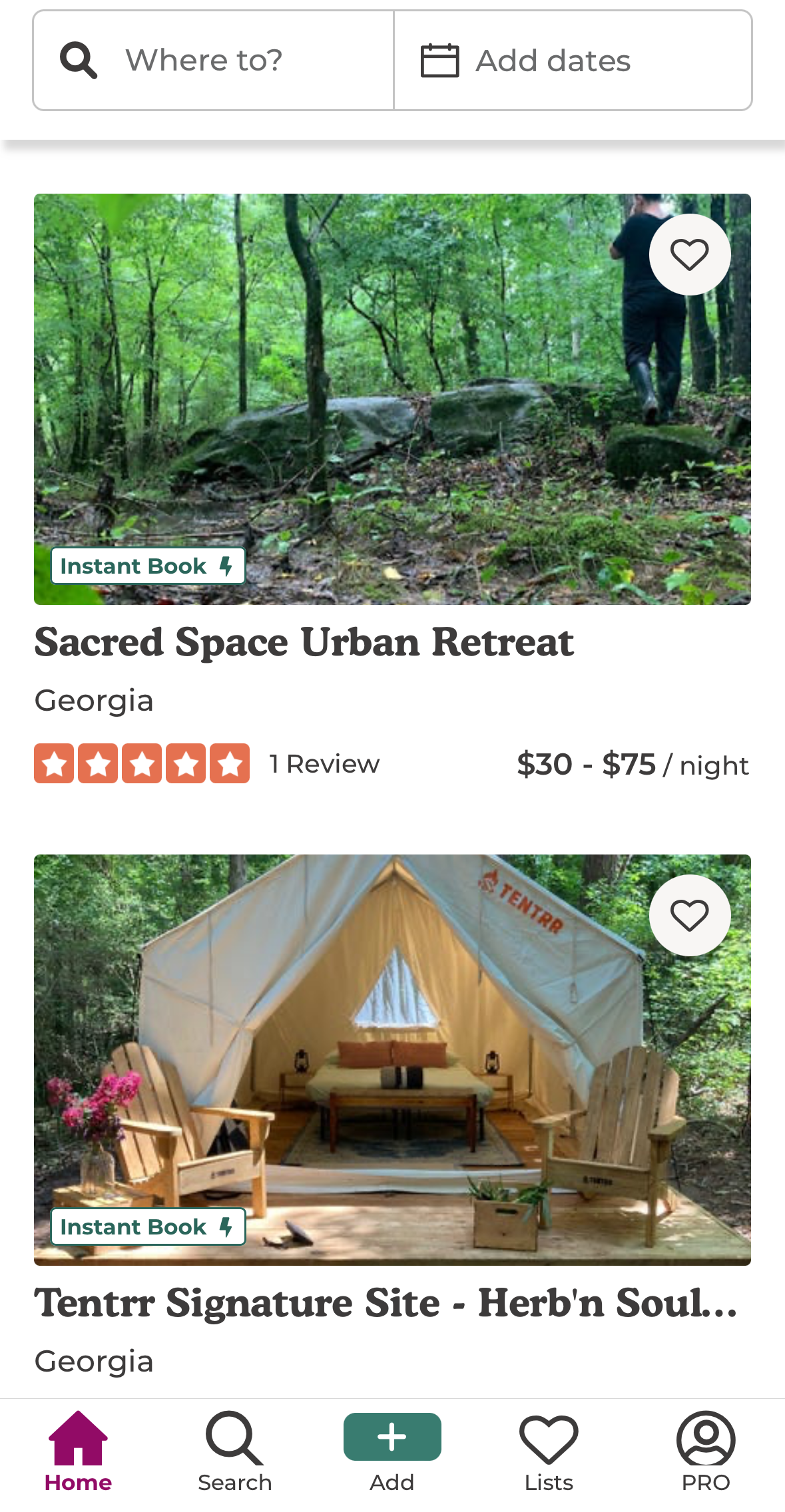 The Dyrt app campsite reservation options.
