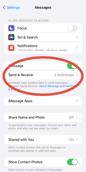 iPhone Settings for Messages with Send & Receive highlighted