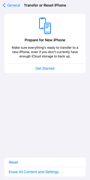 Screenshot of Transfer or Reset iPhone page in Settings