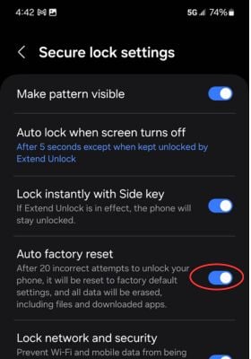 Toggle Android's Auto Factory Reset to on