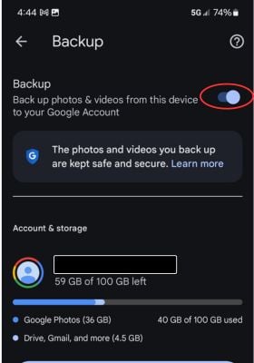 Turn on Backup for photos and videos on Android
