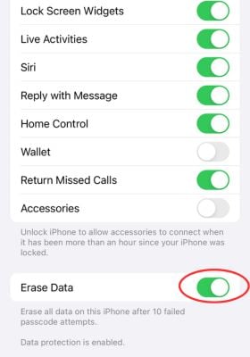 Toggle iPhone Erase Data to on 