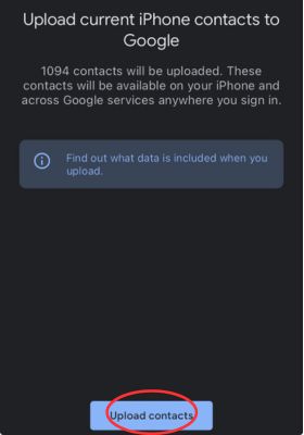 Choose Upload contacts in Google One app