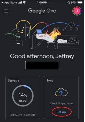 Tap Set up in Google One app