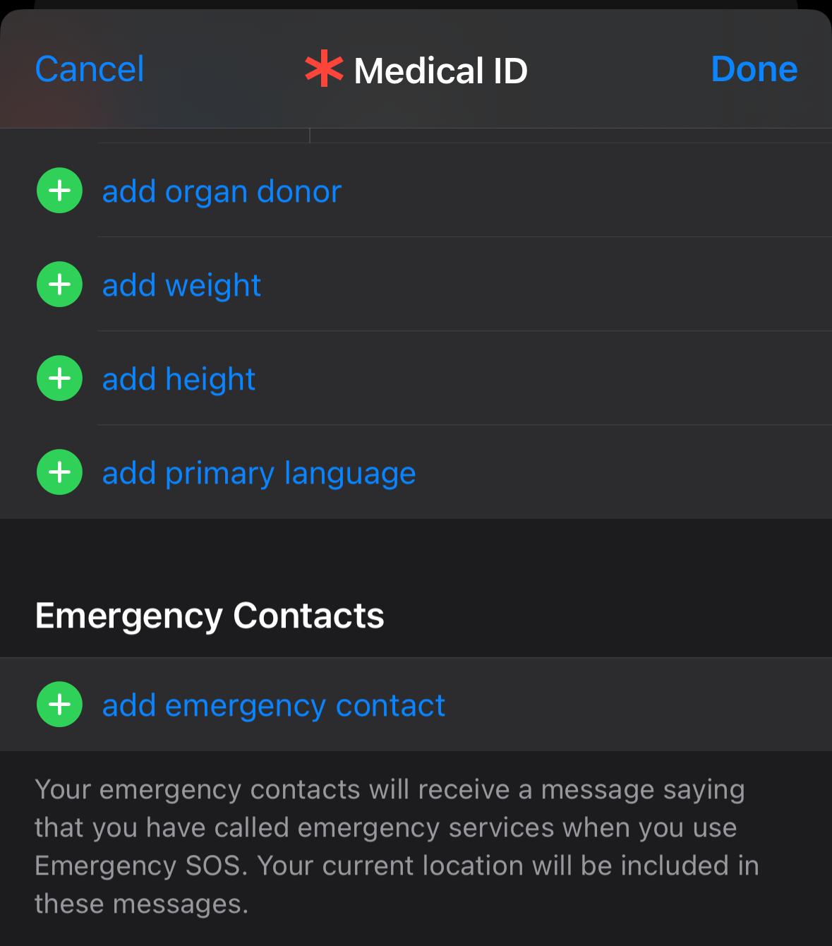 Option to add Emergency Contacts to Medical ID on iPhone 14 Pro using iOS 17.