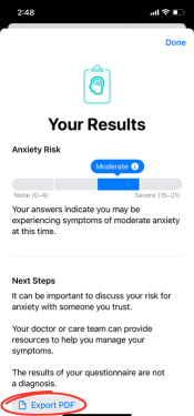 Mental health questionnaire results in the Health app. 