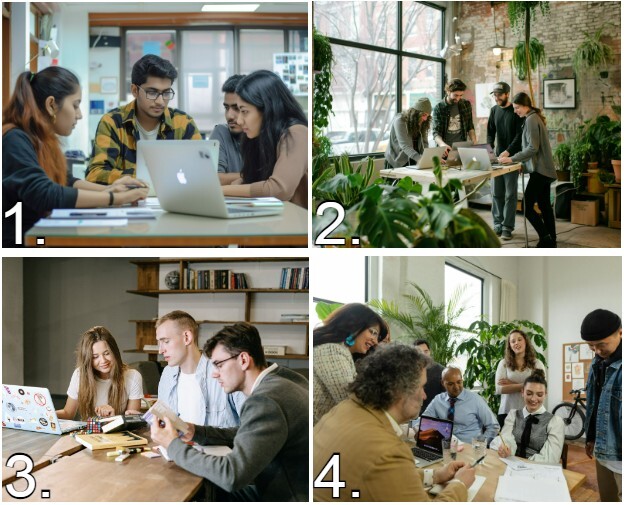 Four stock-image-style photos of people working in an office. 
