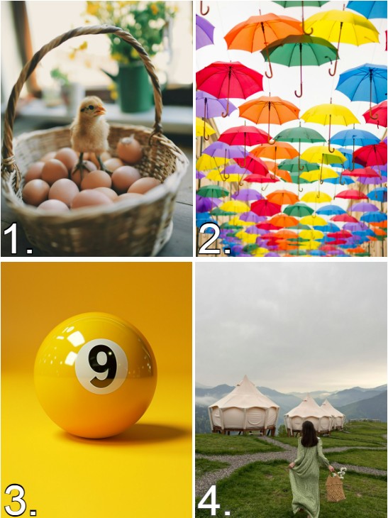 A group of four potential AI-generated images of people, animals, scenery, and objects. 