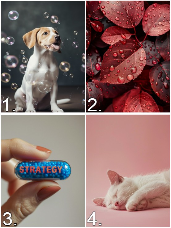 Four AI-generated images of stock images, animals, and plants. 