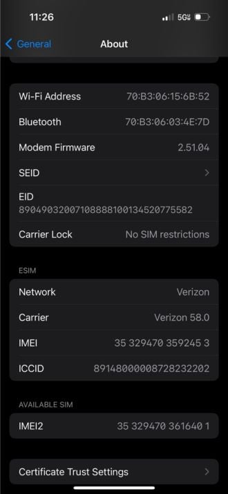 Screenshot showing an iPhone's carrier lock status