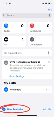Screenshot of tapping the + button to add a reminder