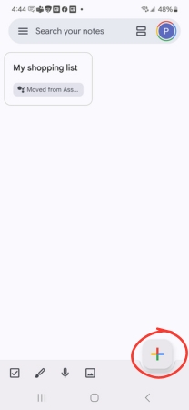 Screenshot of tapping the + sign to create a note on your Android
