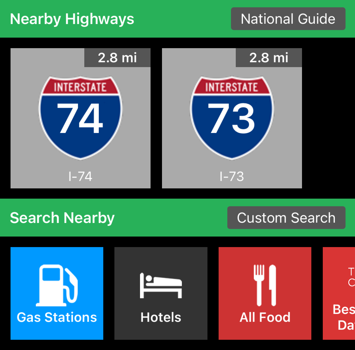iExit app interface showing nearby exits. iExit app interface showing nearby exits.