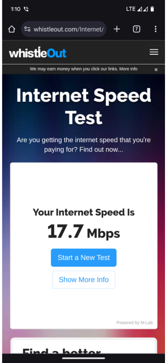 Visible Wireless 4G LTE speed test results on the Verizon network