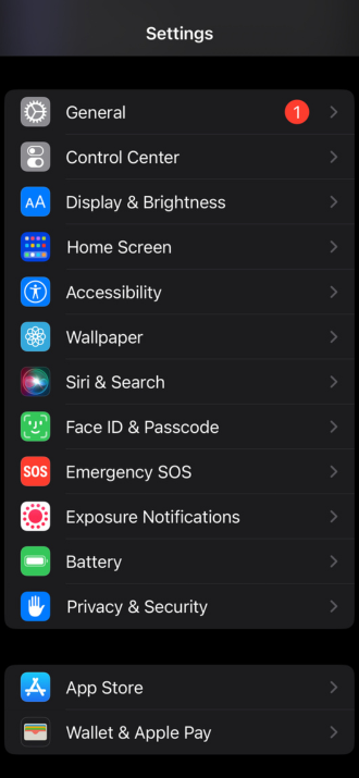 screenshot of Settings on iPhone