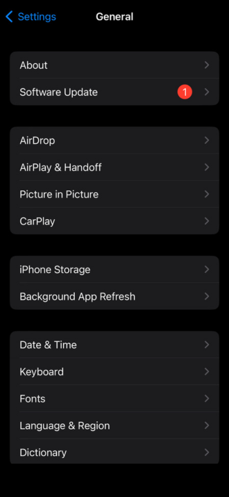 screenshot of General on iPhone