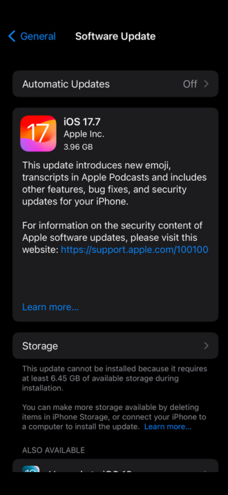 screenshot of Software Update on iPhone