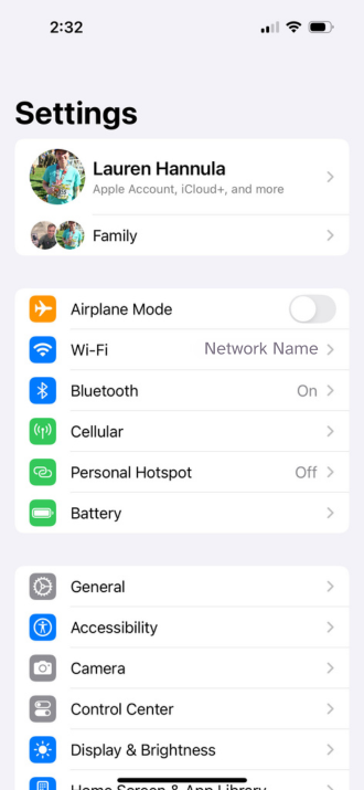 Screenshot showing Settings page on iPhone