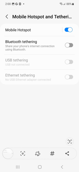 Screenshot showing Hotspot turned on on iPhone