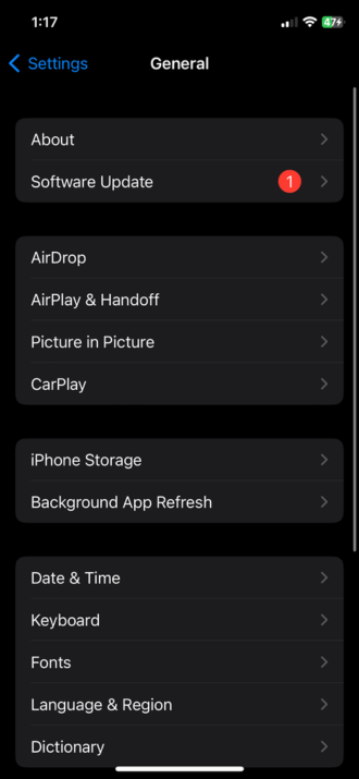 Screenshot of network options on iPhone