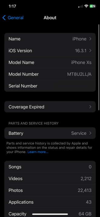 Screenshot of About page on iPhone