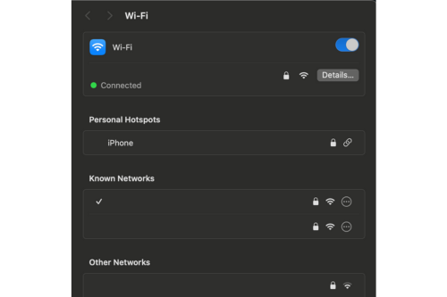 Screenshot of Wi-Fi settings showing iPhone linked to mobile hotspot