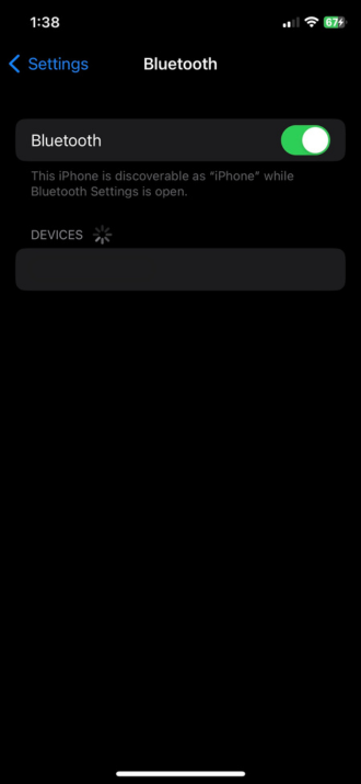 Screenshot of Bluetooth switched on on iPhone Settings page