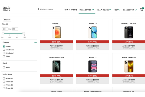 Trademore website displaying available iPhones