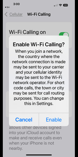 Wi-Fi Calling enabled on iPhone