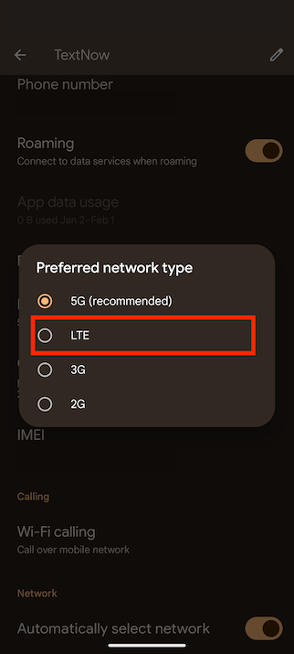 Android LTE network option