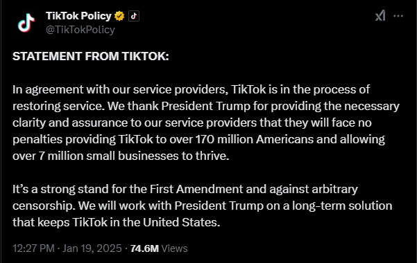 TikTok statement thanking President Trump for delaying ban. 