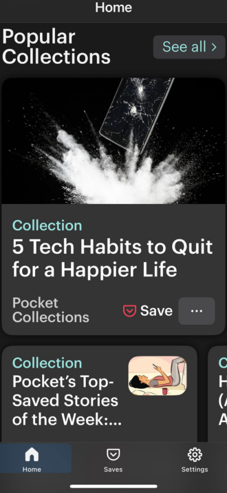 Screenshot of Pocket app home screen