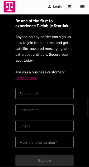 T-Mobile Starlink beta sign up form.