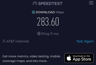 AT&T fiber download speed of 283Mbps.