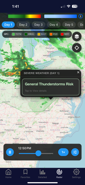 Screenshot of EverythingWeather radar and thunderstorm warning area