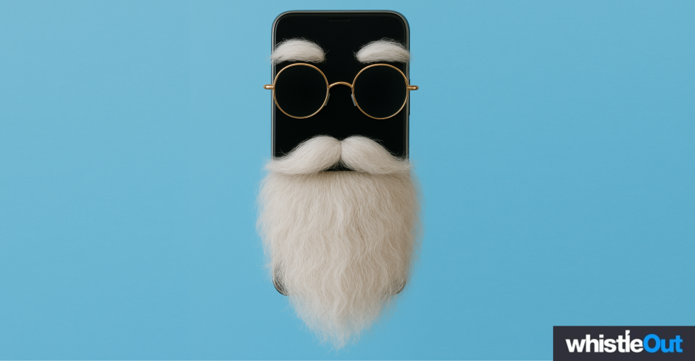 Old cell phone wearing a beard and glasses.