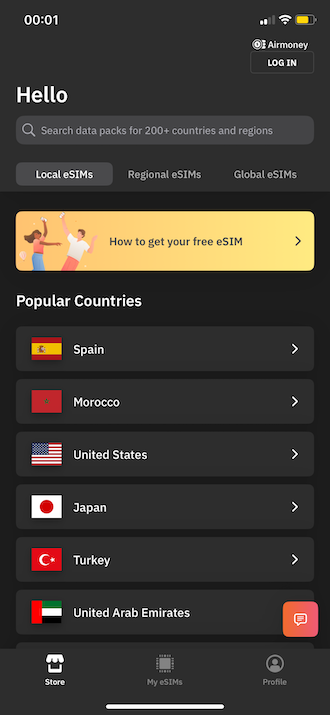 Airalo app's homepage