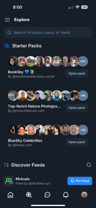 Screenshot of Starter Pack options on Bluesky.