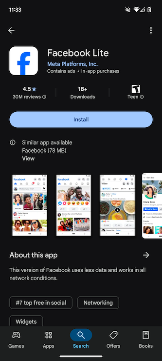 Facebook Lite app on the Google Play store