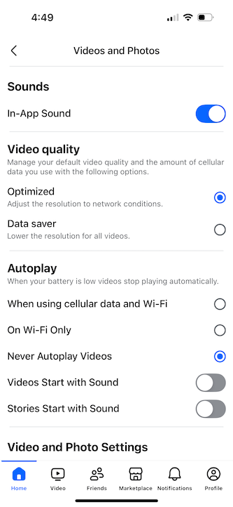Facebook app video autoplay settings