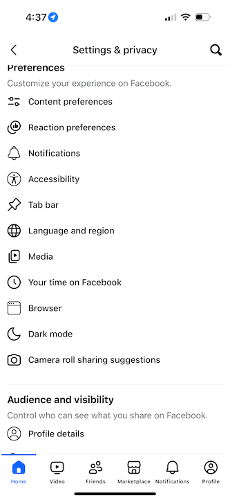 Facebook app Media menu