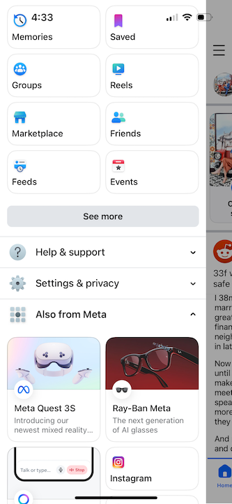 Facebook app "Settings and privacy" menu
